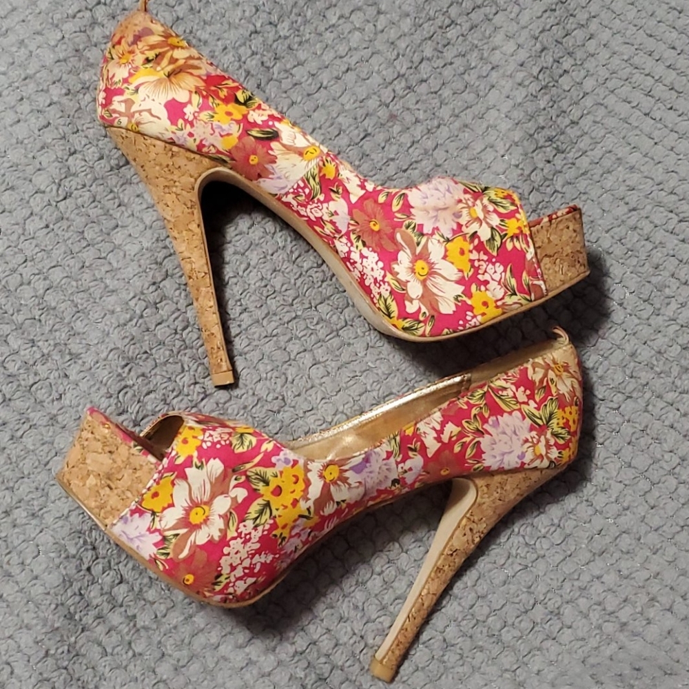 Floral peep toe high heels